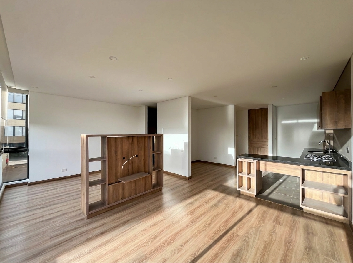 Ambiente social con mueble divisor y cocina al fondo