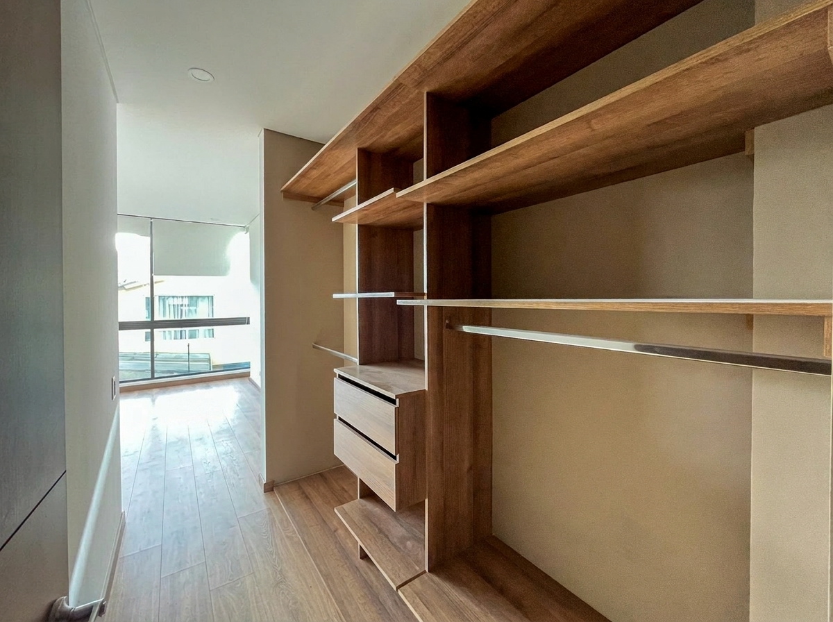 Walk-in closet con repisas y cajones en madera